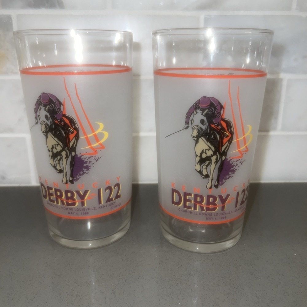 Pair 1996 Kentucky Derby 122 Churchill Downs Mint Julep Glass Horse Racing
